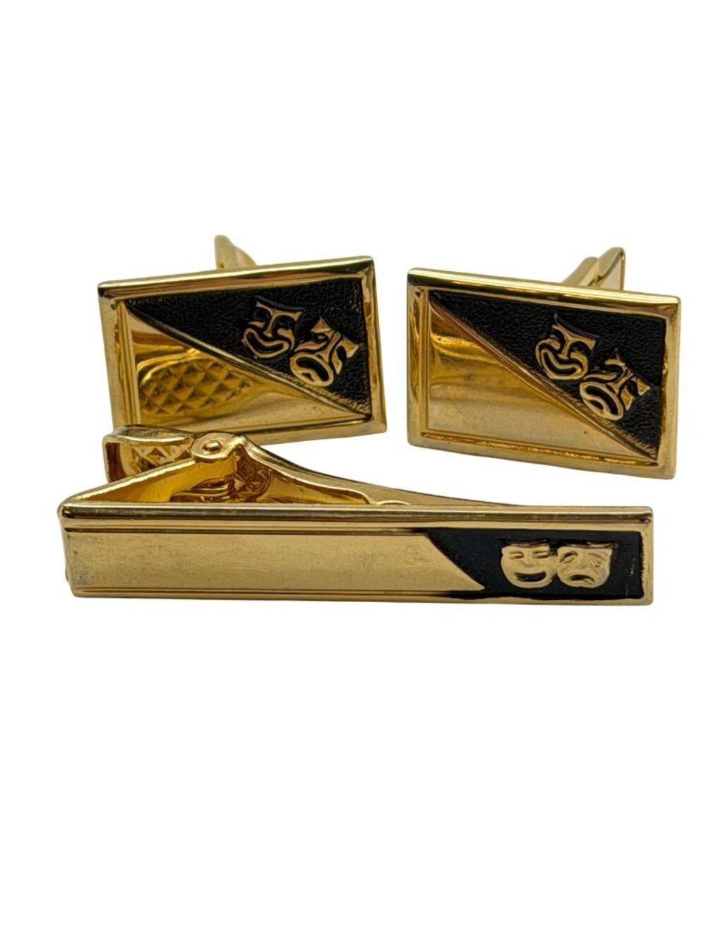 Vintage comedy and tragedy cuff link tie bar set gold tone black formal business